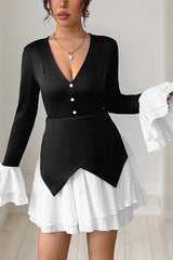 Fashionable Contrast Color Panel Long Sleeve Ruffled Mini Dress