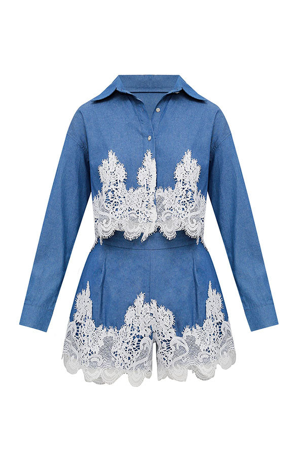 Nasha Denim Lace Trim Button Long Sleeve Shirt and High Rise Pocket Wide Leg Shorts Set