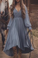 Solid Color V-neck Long-sleeved High-waist Casual Maxi Dress