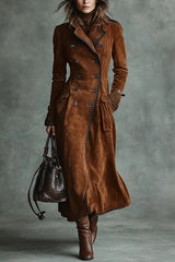 Stylish Suede Lapel Button Casual Pocket Long Trench Coat