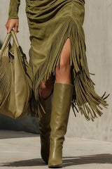 Stylish Suede High-neck Long-sleeved Pleated Tassel Midi Dress