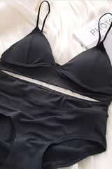 Solid Color Suspender Stretch Two Piece Bikini Swimsuit