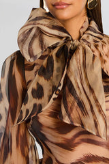 Peregrine Semi-sheer Silk Animal Print Bow Neck Balloon Sleeve Loose Blouse