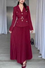 Solid Color Lapel Button Belt Blazer and Pleated Casual Maxi Skirt Set