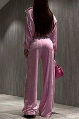 Solid Color Velvet Long-sleeved Zip-up Sweatshirt and Elastic Waist Casual Pocket Straight-leg Pants Set