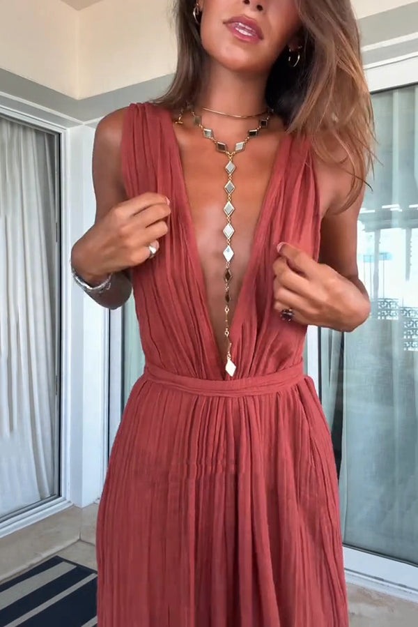 Resort Style V-neck Tie Pleated Casual Jumpsuit