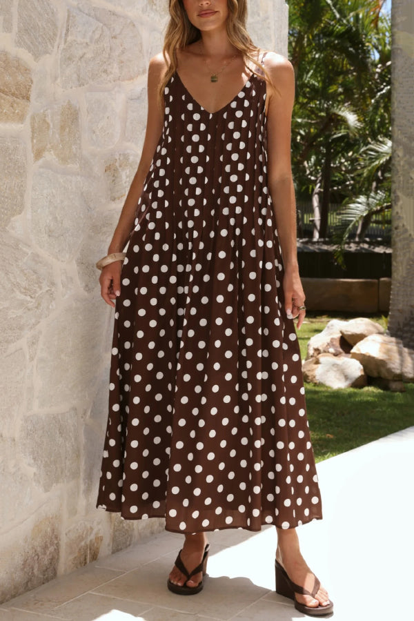Polka Dot Print V-neck Pleated Casual Vacation Maxi Dress