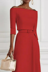 Solid Color Off-the-shoulder Waist-tied Elegant Midi Dress