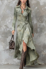 Fashionable Tie Dye Long-sleeved Slim-fit Tie-wst Irregular Maxi Dress