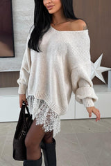 Comfy and Sweet Knit Lace Patchwork Hem Wide Neck Long Sleeve Loose Sweater