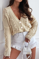 Fashionable Crochet Hollow Long Sleeve Button Knitted Sweater
