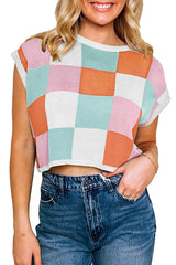Fashionable Checkerboard Color Block Short-sleeved Loose Sweater