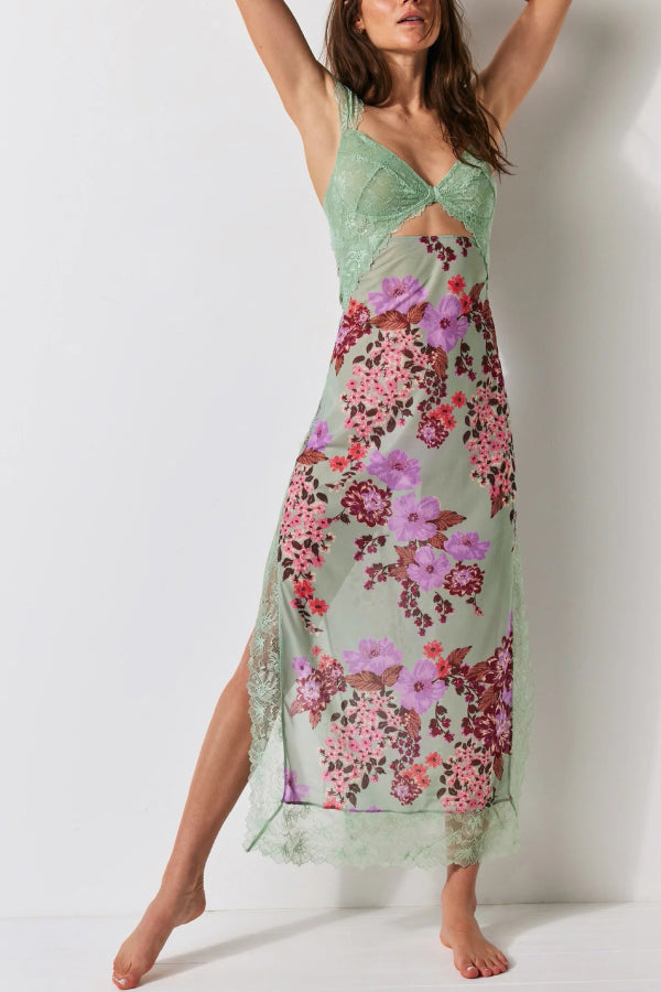 Floral Print Lace Patchwork Hollow-out Slim-fit Midi Dress
