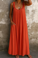 Solid Color Casual Ruffle Suspender Loose Pocket Maxi Dress