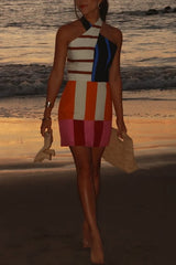 Jeniah Linen Blend Color Block Print Cross Halter Tie-up Loose Mini Dress