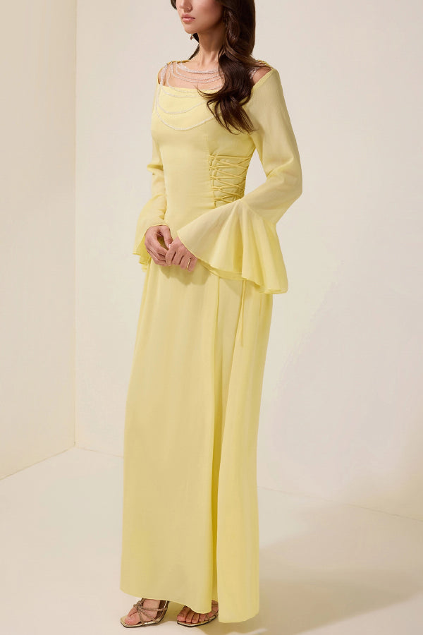 Fashionable Beaded Long-sleeved Square-neck Fitted Waist Tie Maxi Dress