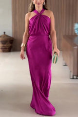 Satin Solid Halter Sleeveless Elegant Maxi Dress