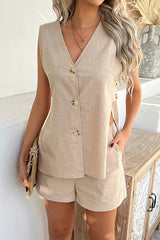 Solid Color Holiday Style V-neck Button Vest and Elastic Waist Casual Pocket Shorts Set