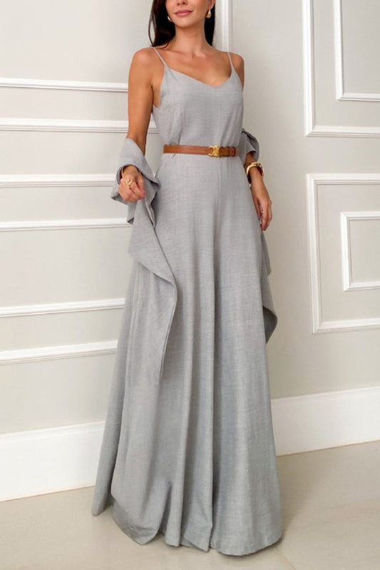Solid Color V-neck Suspenders Casual Wide-leg Jumpsuit (Contains Shawl)