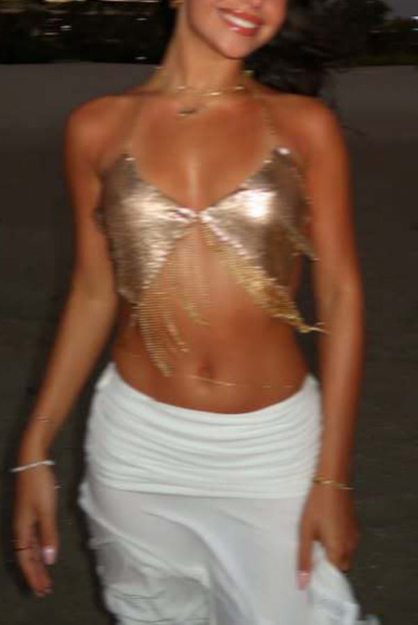 Stylish Gold Metal Chain Tassel Halter Tank Tops