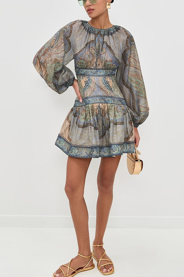 Exotic Style Paisley Print Long Balloon Sleeve Smocked Waist Mini Dress