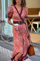 Bohemian Floral Print Elegant Puff Sleeve Holiday Maxi Dress