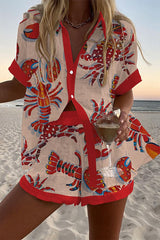 Lobster and Crab Print Loose Button Elastic Waist Shorts Set