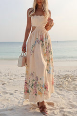 Cabo Sunsets Floral Print Petal Trim Back Lace-up Midi Dress