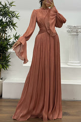 Ellah Shiny Fabric Chinese Stand Collar Twist Waist Balloon Sleeve Maxi Dress