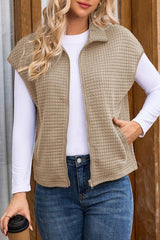 Solid Waffle Sleeveless Zipper Pocket Casual Vest