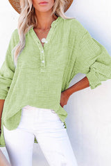 Solid Color Long Sleeve Pleated Button Loose Top