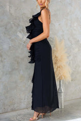 Fashion One-shoulder Pleated Sexy High Slit Slim Dress