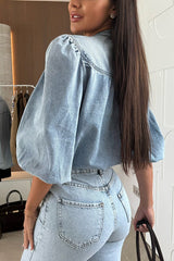 Fashion V-neck Button-down Lantern Sleeve Casual Denim Shirt