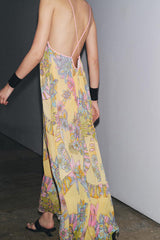 Plant Print Halter Back Loose Holiday Maxi Dress