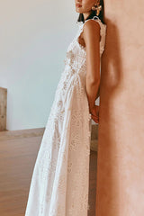 Mairi Embroidery Hollow Fabric Delicate Flower Trim Side Lace-up Maxi Dress