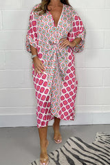Unique Printed V-Neck Loose Knot Midi Dress