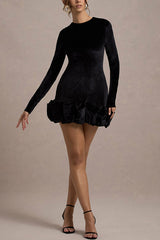 Solid Color Velvet Slim-fit Long-sleeved Mini Dress