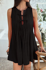 Solid Color Sleeveless Tie Pleated Casual Mini Dress