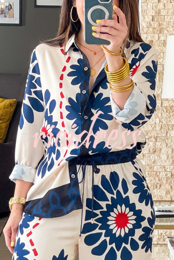 Unique Printed Lapel Long-sleeved Loose Shirt and Casual Pocket Wide-leg Pants Set