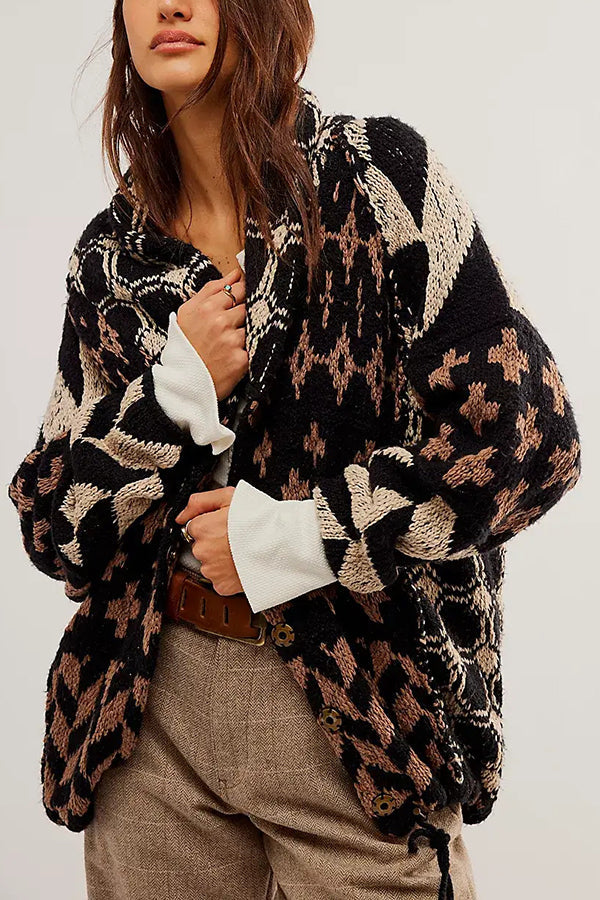 Unique Pattern Lapel Loose Long-sleeved Knitted Sweater