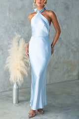 Satin Fashion Halter Backless Slim Elegant Maxi Dress