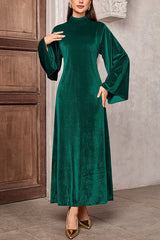Solid Color Velvet Bell Sleeves Tie Waist Elegant Maxi Dress