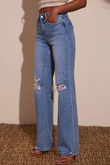 Fashion Raw Edge Ripped Casual Pocket Stretch Straight Jeans