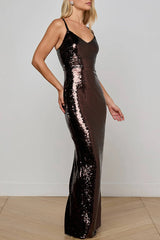 Dazzling Like Flowing Water Sequin V-neck Back Zipper Slit Maxi Dress