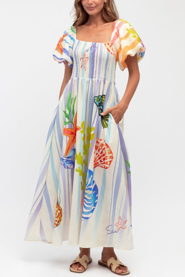 Marine Creature Print Square Neck Puff Sleeve Pleated Casual Pocket Maxi Dress