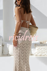 Solid Knit Hollow Halter Top and Stretch Fit Maxi Skirt Set