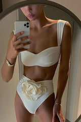 Solid Color Square Neck High Waist 3D Floral Stretch Bikini Swimsuit