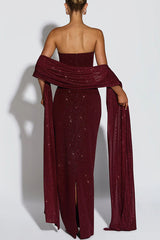 Pandra Glittery Crepe Fabric Off Shoulder Ruched Slit Cape Maxi Dress