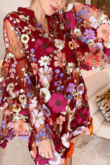 Flowers Blooming Embroidery Floral Applique Tiered Bell Sleeve Loose Mini Dress