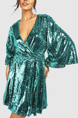 Solid Color Loose Sequined V-neck Tie Mini Dress